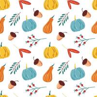 Cute autumn seamless pattern in flat style. Background design with leaves, acorns, rowan, pumpkin, berries. illustration. vector