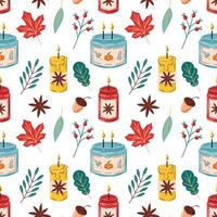 Seamless pattern with candle in a glass cup. Burning candle with leaves, acorn, rowan berry and cinnamon. Autumn design. illustration on a white background. vector