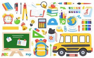 BaSchool elements collection. Childrens school elements flat collection. Backpack, stationery, textbooks and notebooks. White background vector