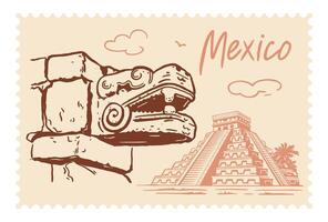 El Castillo Chichen Itza, Mayan pyramid in Yucatan, Mexico. Sketch style illustration of ancient Mayan pyramids in the jungle during daytime. Postage stamp vector