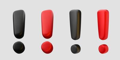 3D realistic black and red exclamation mark icon set. Isolated warning signs in perspective vector