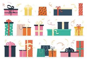 Bundle of gift boxes. Festive boxes in various shapes, patterns, with bows and ribbons. Isolated illustrations on white for happy birthday, wedding, Valentine's Day, and New Year designs. vector