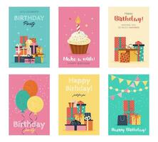 Set of Happy Birthday greeting cards or party invitations. isolated multicolored flat illustrations. postcards with various gift boxes, balloons, cupcake. Layered templates. Invitation concept. vector