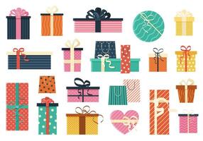 Bundle of gift boxes. Festive boxes in various shapes, patterns, with bows and ribbons. Isolated illustrations on white for happy birthday, wedding, Valentine's Day, and New Year designs. vector