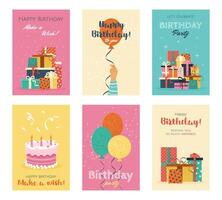 Set of Happy Birthday greeting cards or party invitations. isolated multicolored flat illustrations. postcards with various gift boxes, balloons, cake. Layered templates. Invitation concept. vector