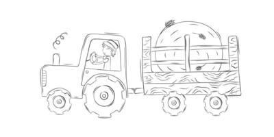 Sketch man on tractor on a trailer transport large bale of hay. Harvesting. Simple illustration in doodle style vector