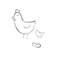 Sketch of a hen with a chicken and eggs. Simple illustration in doodle style. vector