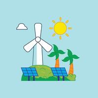 a drawing of a windmill and solar panels with a wind turbine in the background. vector