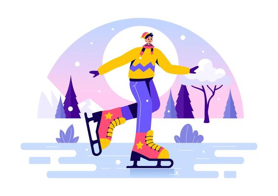 Ice Skating Illustration of Winter Fun Outdoor Sports Activities on an Ice Rink with Seasonal Outerwear in a Flat Style Cartoon Background