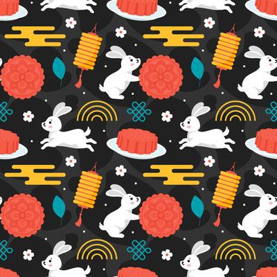 Mid Autumn Seamless Pattern Design with Decorative Elements in Hand Drawn Cartoon Flat Illustration Template