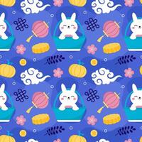 Mid Autumn Seamless Pattern Design with Decorative Elements in Hand Drawn Cartoon Flat Illustration Template vector