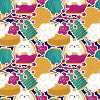 Mid Autumn Seamless Pattern Design with Decorative Elements in Hand Drawn Cartoon Flat Illustration Template vector