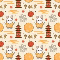 Mid Autumn Seamless Pattern Design with Decorative Elements in Hand Drawn Cartoon Flat Illustration Template vector