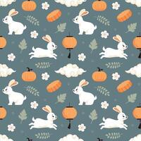 Mid Autumn Seamless Pattern Design with Decorative Elements in Hand Drawn Cartoon Flat Illustration Template vector