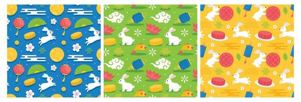 Mid Autumn Seamless Pattern Design with Decorative Elements in Hand Drawn Cartoon Flat Illustration Template vector