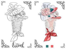 Coloring Book page Ostrich with Fancy Hat vector
