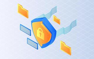 Isometric cyber security. Protection shield and padlock on white background vector