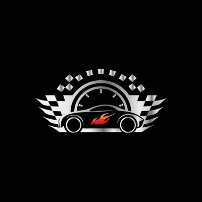 Car racing logo with speedometer, race car and checkered flag