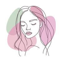 Aesthetic Beautiful Girl Face Hand Drawn Sketch in Line Art Style with Purple Green Fill Color vector