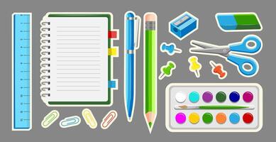 Back to School Set Stickers. School Supplies Illustration in Flat Style for School. Icons for Online Learning, Notepad, Scissors, Paint, Pencil, Pen, Eraser, Sharpener, Ruler, Paperclip, Clip. vector