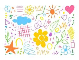 Doodle collection of flowers, hand drawn charcoal pencil strokes. Colorful seamless pattern, squiggles, cloud, leaves, branches for kids. Kids set with chalk collage elements. Design for banner, web. vector