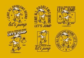 Leave all problems behind, Let's jump. Retro character illustration of a boy jumping on the skateboard vector