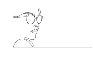 Portrait of an Indian woman in sunglasses. One line drawing, Continuous single drawn one line drawing of isolated object eye glasses, pro . vector