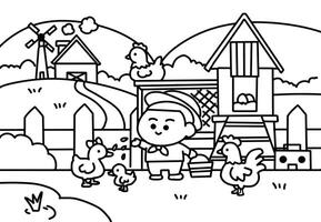 Kid working in the Duck farm coloring pages style. vector