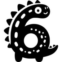 Number six, 6 in dinosaur black silhouette style in monochrome. Simple minimalistic in black ink drawing vector