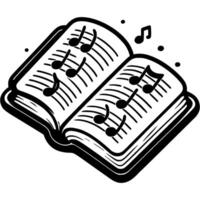 Open music textbook with written musical notes in monochrome. Simple minimalistic in black ink drawing on white background vector