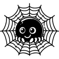 Cute spider sits in the web and smiles in monochrome. Simple minimalistic in black ink drawing on white background vector