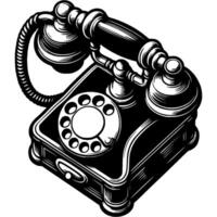 Vintage corded telephone with rotary dial in monochrome. Simple minimalistic in black ink drawing on white background vector