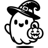 Funny flying ghost dressed in witch hat with lantern in his hand in monochrome. Simple minimalistic in black ink drawing on white background vector