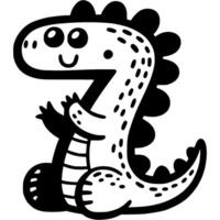 Number seven, 7 in dinosaur style in monochrome. Simple minimalistic in black ink drawing vector