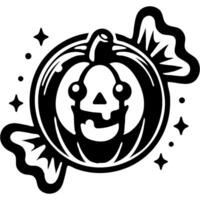 Candy shaped like Halloween pumpkin wrapped in wrapper in monochrome. Simple minimalistic in black ink drawing on white background vector