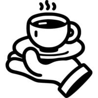 Waiter hand serving cup of tea on saucer in monochrome. Simple minimalistic in black ink drawing on white background vector