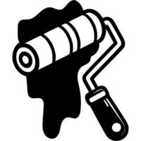 Paint roller with handle applies paint to surface in monochrome. Painting repair work. Simple minimalistic in black ink drawing on white background vector