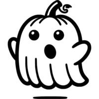Funny flying ghost with a pumpkin tail on his head in monochrome. Simple minimalistic in black ink drawing on white background vector