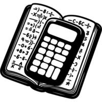 Mathematics textbook with written formulas and an electronic calculator to facilitate calculations in monochrome. Simple minimalistic in black ink drawing on white background vector