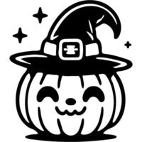 Cute smiling halloween pumpkin dressed in witch hat in monochrome. Simple minimalistic in black ink drawing on white background vector
