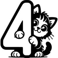 Little kitten hid behind the number four digit in kitty style in monochrome. Simple minimalistic in black ink drawing on white background vector