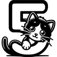 Kitten hid behind the number five in kitty style in monochrome. Simple minimalistic in black ink drawing on white background vector