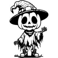 Halloween character with pumpkin head dressed in witch hat waving his hand in monochrome. Simple minimalistic in black ink drawing on white background vector