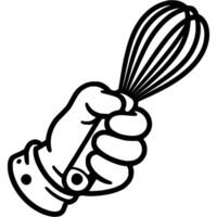 Chef hand holds culinary whisk for whipping cream in monochrome. Simple minimalistic in black ink drawing on white background vector