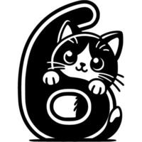 Little kitten hid behind the number six digit in kitty style in monochrome. Simple minimalistic in black ink drawing on white background vector