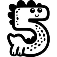 Number five, 5 in dinosaur style in monochrome. Simple minimalistic in black ink drawing vector