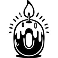 Number zero in shape of lit hot candle for decorating birthday cake in monochrome. Simple minimalistic in black ink drawing on white background vector