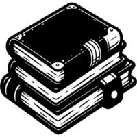 Closed books in leather bindings folded in a stack in monochrome. Simple minimalistic in black ink drawing on white background vector
