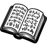 Open algebra textbook with written mathematical formulas and equations in monochrome. Simple minimalistic in black ink drawing on white background vector