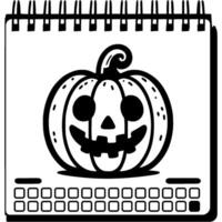 Wall calendar with a drawn creepy pumpkin on the October 31st page in monochrome. Simple minimalistic in black ink drawing vector